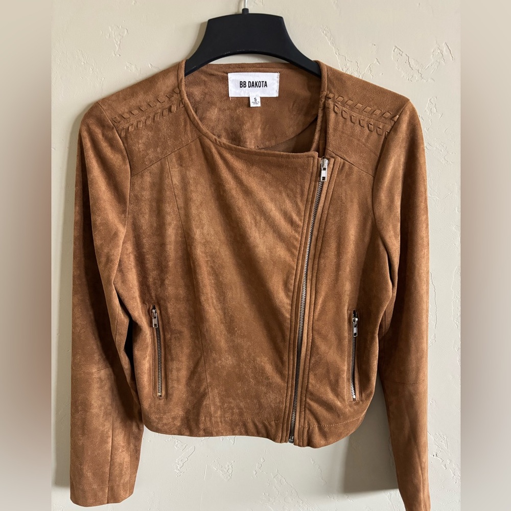 BB Dakota Brown/Tan Faux Suede Moto Style Jacket Sz S - Picture 2 of 6